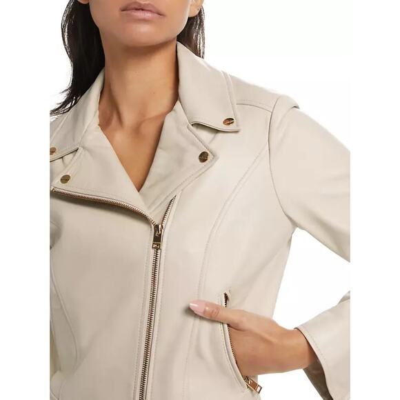 Lamarque Donna Biker Leather Jacket in Stone Grey Cream Size Large - Picture 3 of 13